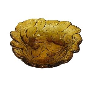 Vintage Amber Glass Harvest Grape Vine Leaf Bowl
